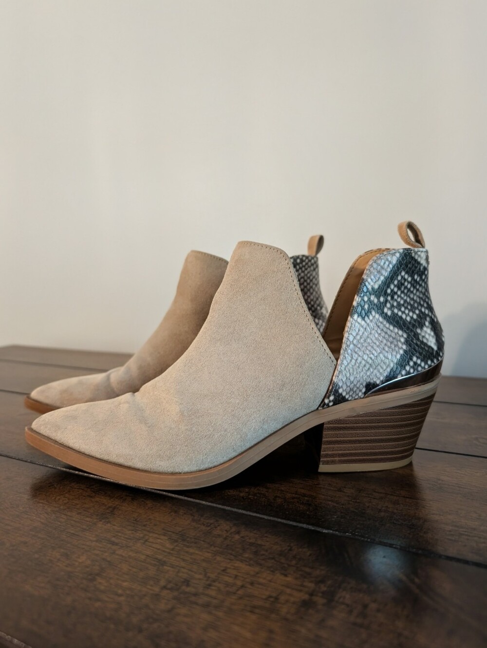Express Tan Suede Ankle Booties with Snake-Print Heel Accent